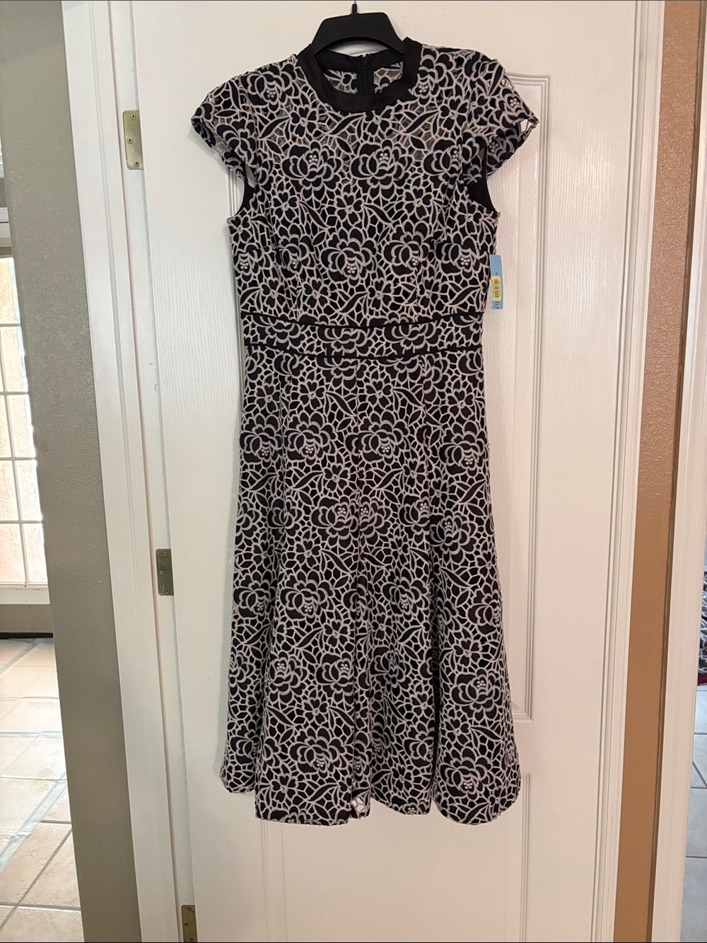 ANTONIO MELANI Black Dress with Cream Floral Lace Overlay